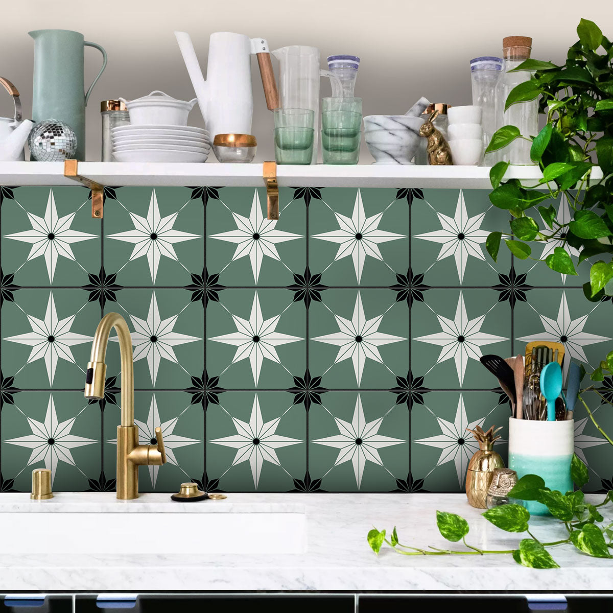 Peel and Stick Green with White Star Tile Stickers | Removable | Antiskid for Bathroom Floor Tile Vinyl Decals | Free Shipping
