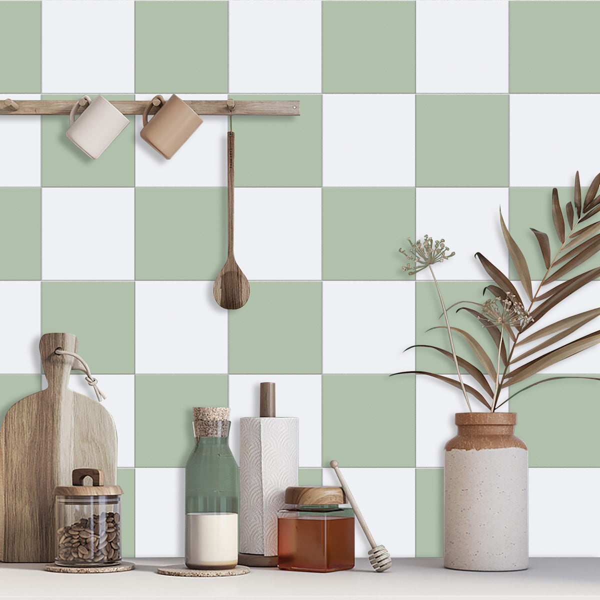 Teresa's Green and Light White Floor Tile Stickers | Peel and Stick Kitchen, Wall, Bathroom, Tile Vinyl | Antiskid Floor Tile Stickers