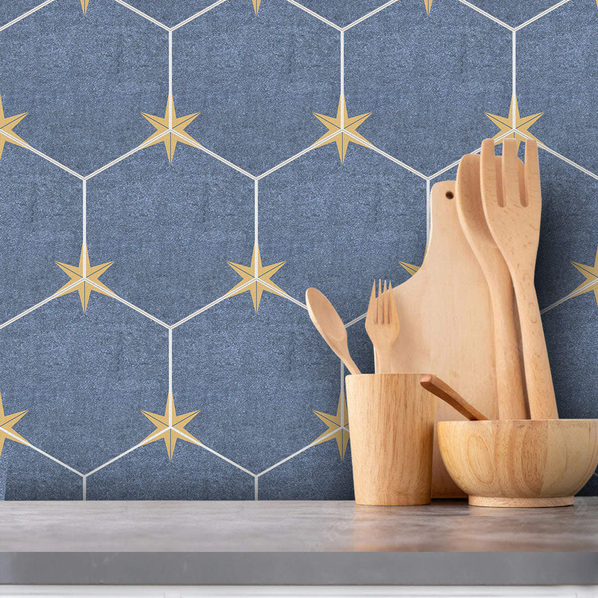 Blue Hexagon Tile Wall Floor Tile Stickers | Peel and Stick Kitchen Bathroom Wall Backsplash Tile Vinyl Decals | Removable