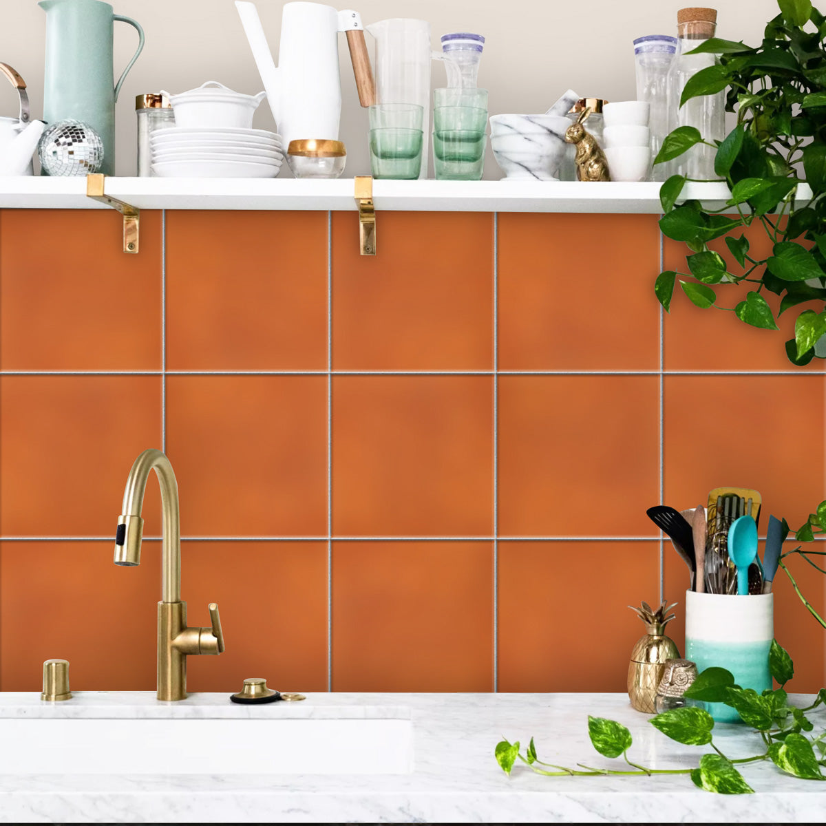 Mandarian Orange Peel and Stick Tile Stickers | Kitchen Bathroom Wall Hand Crafted Decal | Antiskid Floor Tile Stickers
