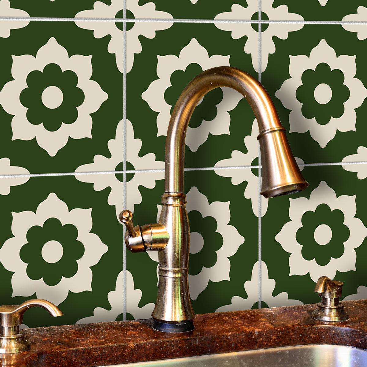 Moroccan Encaustic Green Tile Decals | Bathroom, Kitchen, Floor Peel and Stick Tiles Stickers | Removable Hand Crafted Decals