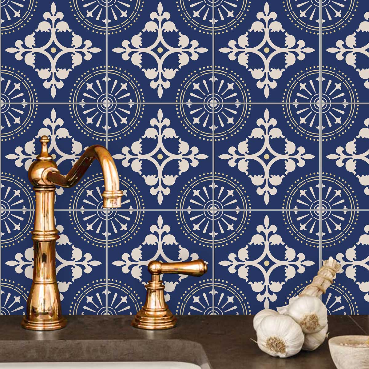 Vintage Dark Blue Floor Tile Stickers | Peel and Stick Backsplash Tile Vinyl Decals for Kitchen, Bathroom & Wall | Removable