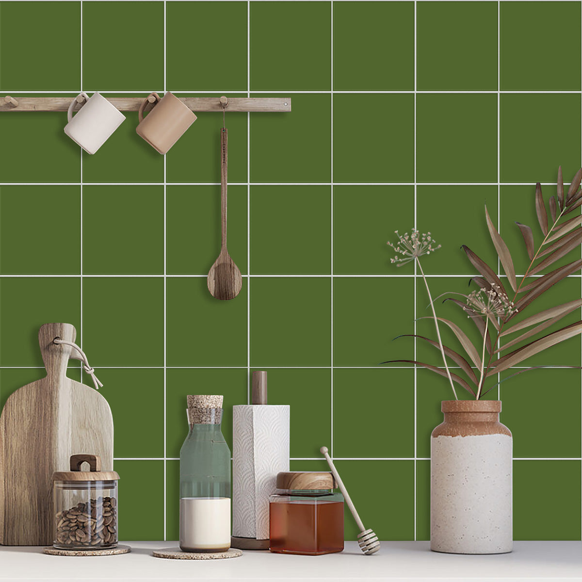 Solid Olive Tile Stickers | Peel and Stick Kitchen, Bathroom and Wall Tile Decals | Antiskid Floor Tile Stickers | Free Shipping