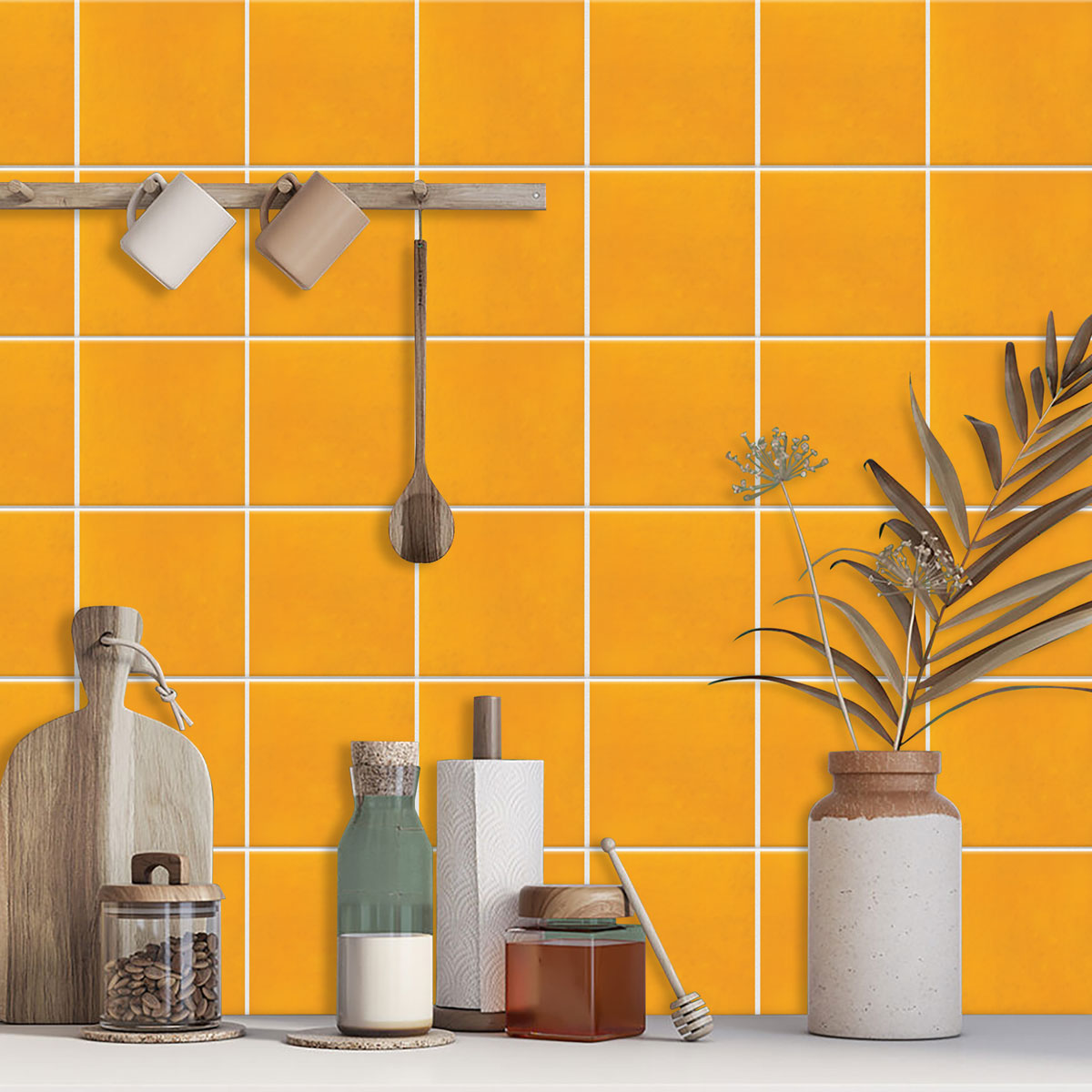 Golden Yellow Backsplash Tile Stickers | Peel and Stick Kitchen Bathroom Wall Hand Crafted Floor Decals | Removable