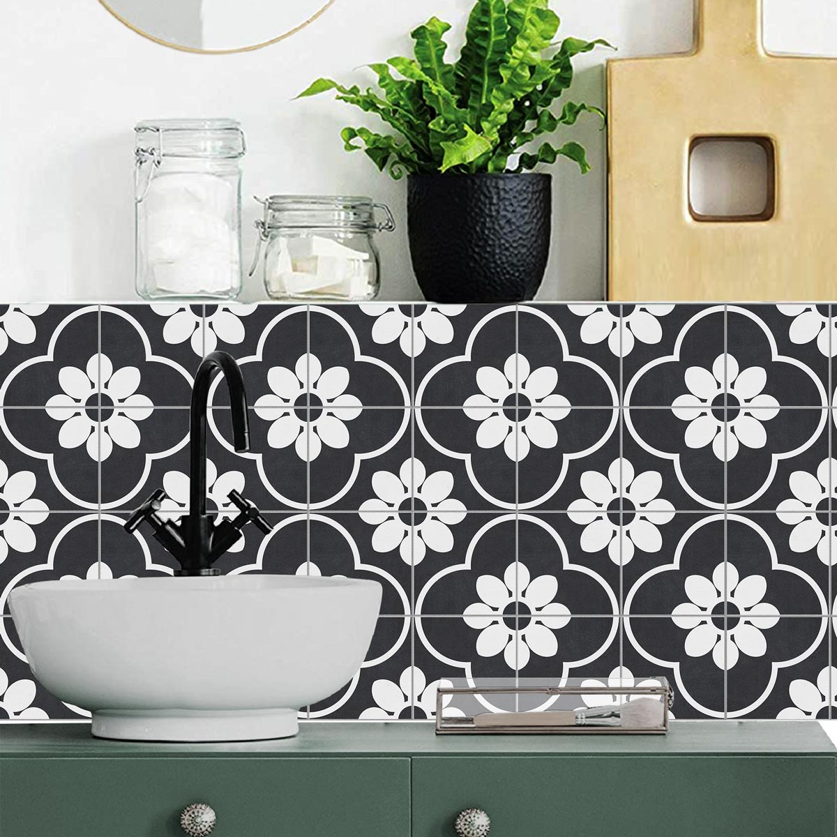 Black and White Floral Marseille Tile Stickers | Peel and Stick Tile Vinyl for Kitchen Floor Wall and Bathroom | Removable