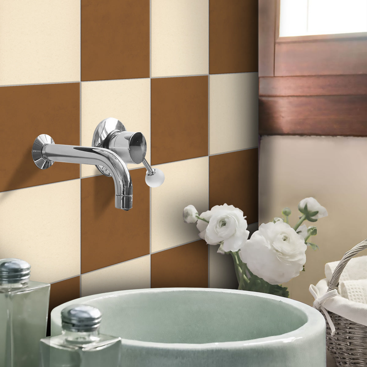 Checkered Autumn and Beige Texture Tile Stickers | Peel and Stick Backsplash Tile Decals | Antiskid Floor Tile Stickers | Removable