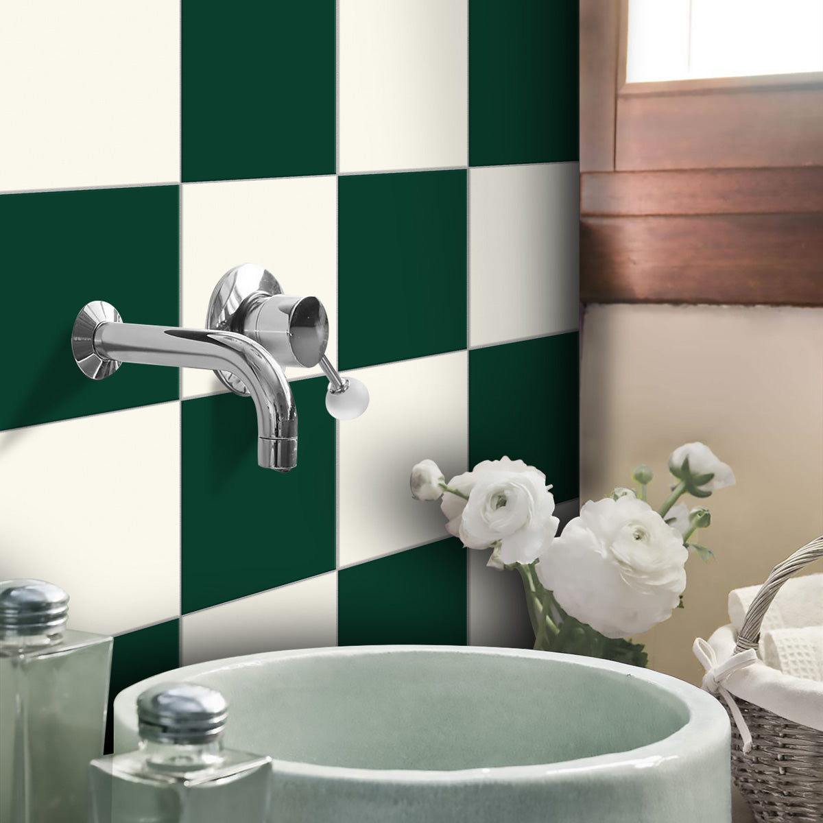 Green and Ivory Tile Stickers | Antiskid Floor Tile Vinyl Decals | Kitchen, Bathroom, Wall Peel and Stick Tile Vinyl Stickers