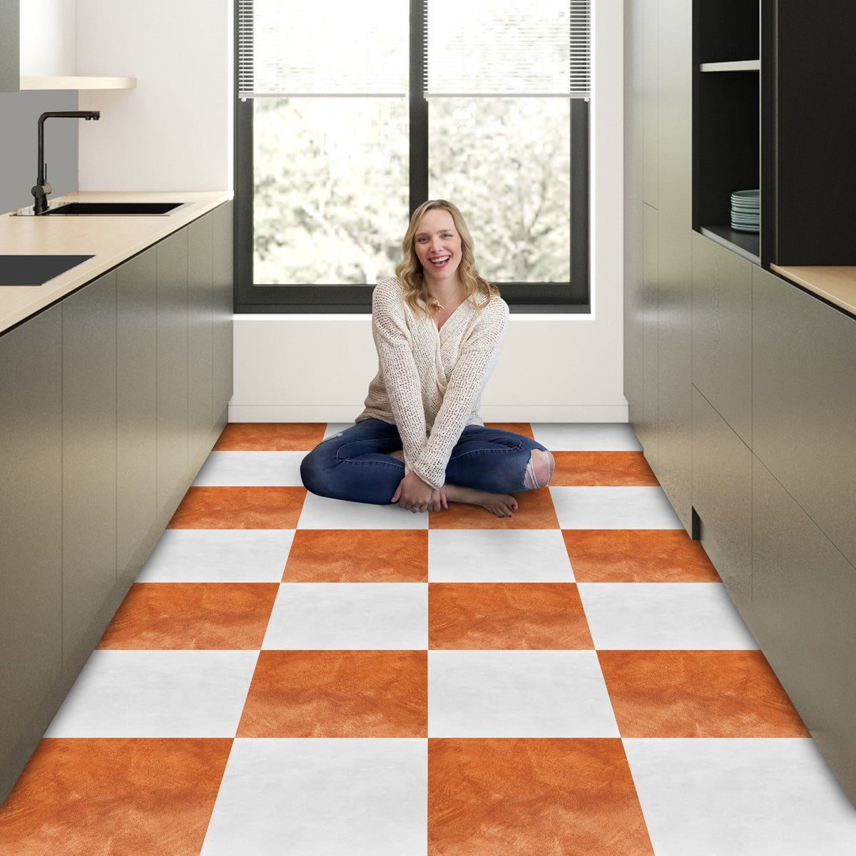 Orange and Light White Checkered Texture Tile Stickers | Peel and Stick Kitchen, Bathroom Wall Floor Tile Vinyl Decals | Removable