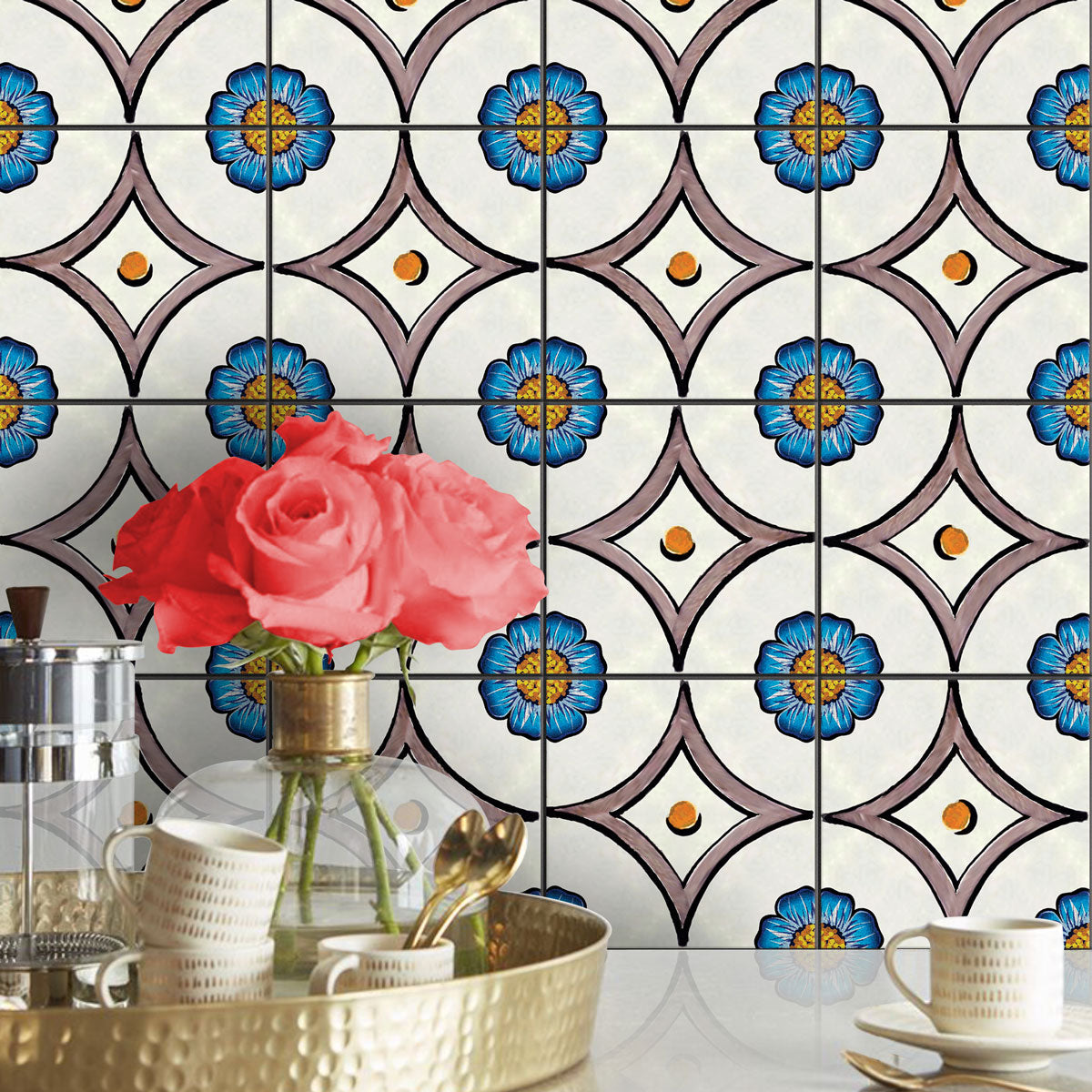 Peel and Stick Hand Crafted Floral Wall Tile Decals | Bathroom Kitchen Floor Tiles Stickers | Removable & Waterproof | Easy to Apply