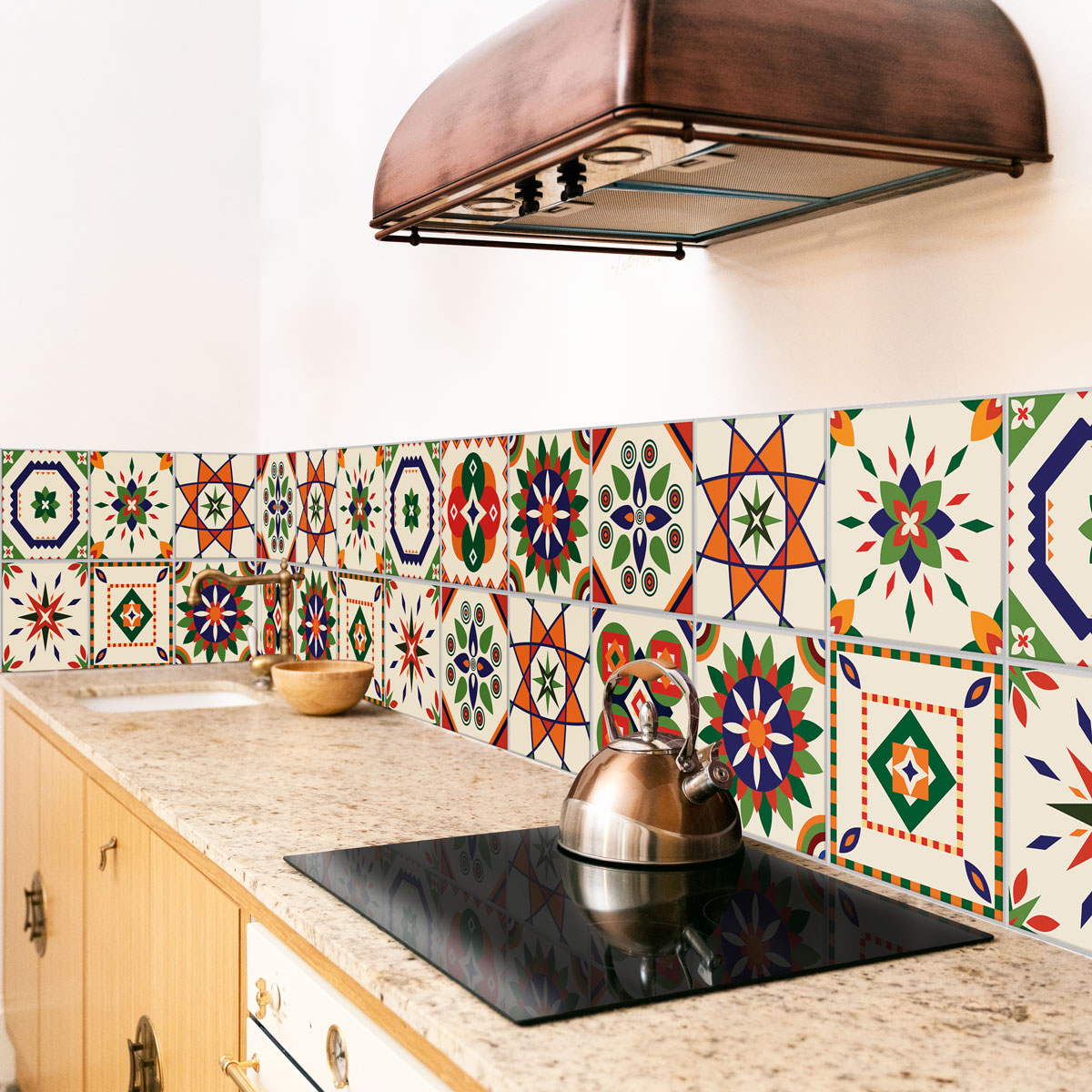 Peel and Stick Colorful Santorin Tile Stickers | Kitchen, Bathroom, Wall Backsplash Tile Vinyl | Waterproof | Removable