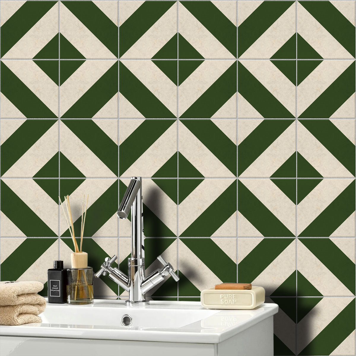 Peel and Stick Heritage Green Tile Stickers | Backsplash Tile Vinyl Decals for Kitchen Bathroom & Wall | Antiskid Floor Tile Stickers