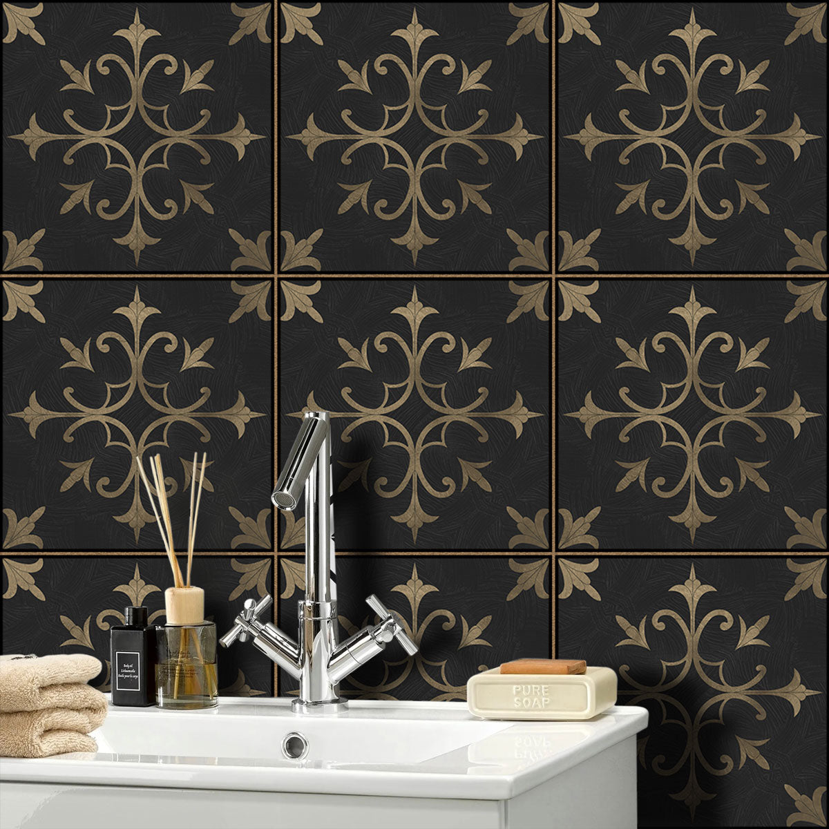 Classic Tarnished Gold Floral Floor Tile Stickers | Handcrafted Tile Decals | Peel and Stick Kitchen, Wall, Bathroom Tile Stickers