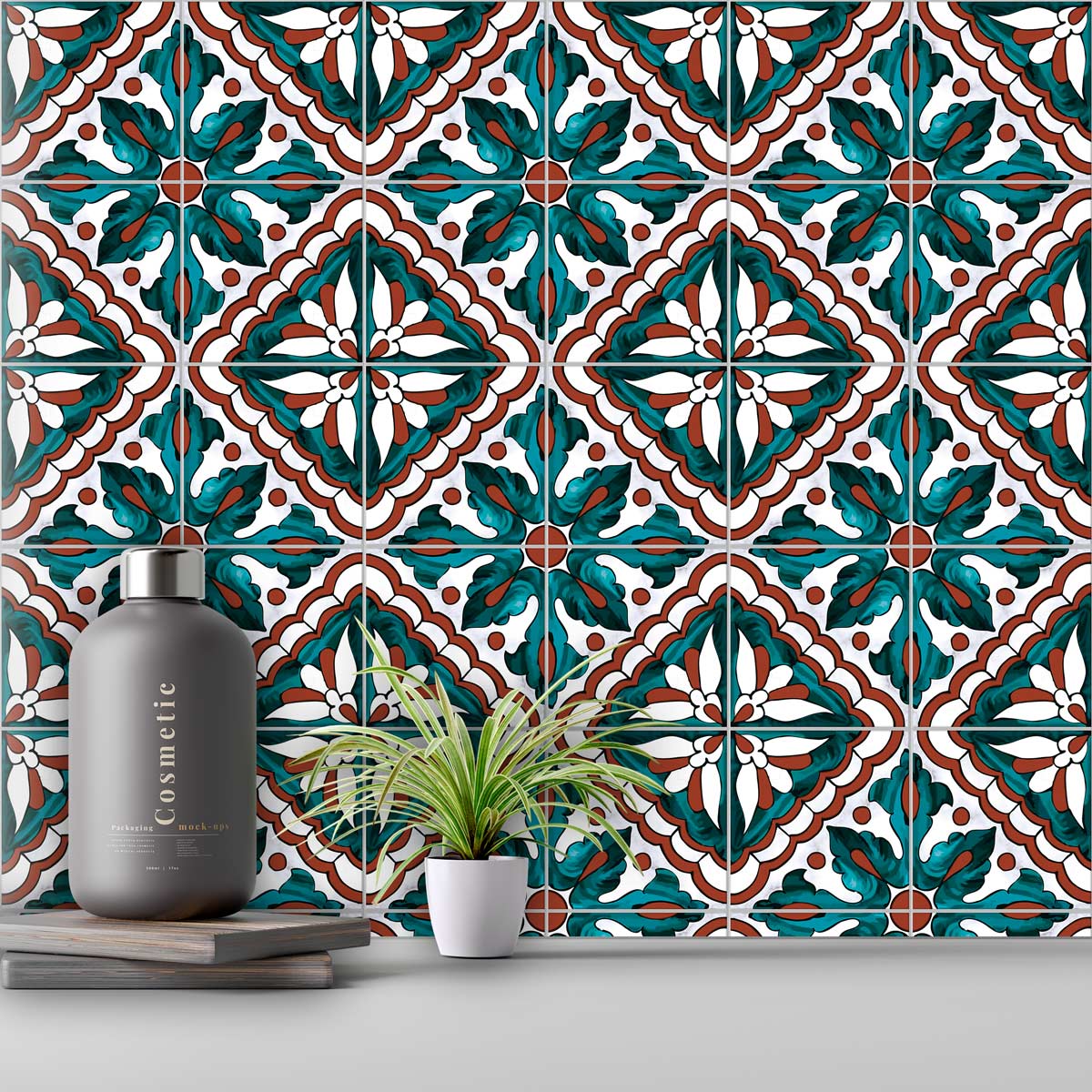 Peel and Stick Tile Moroccan Stickers | Moss Green with Terracotta Design Tile Decals | Kitchen Bathroom Wall Tile Stickers