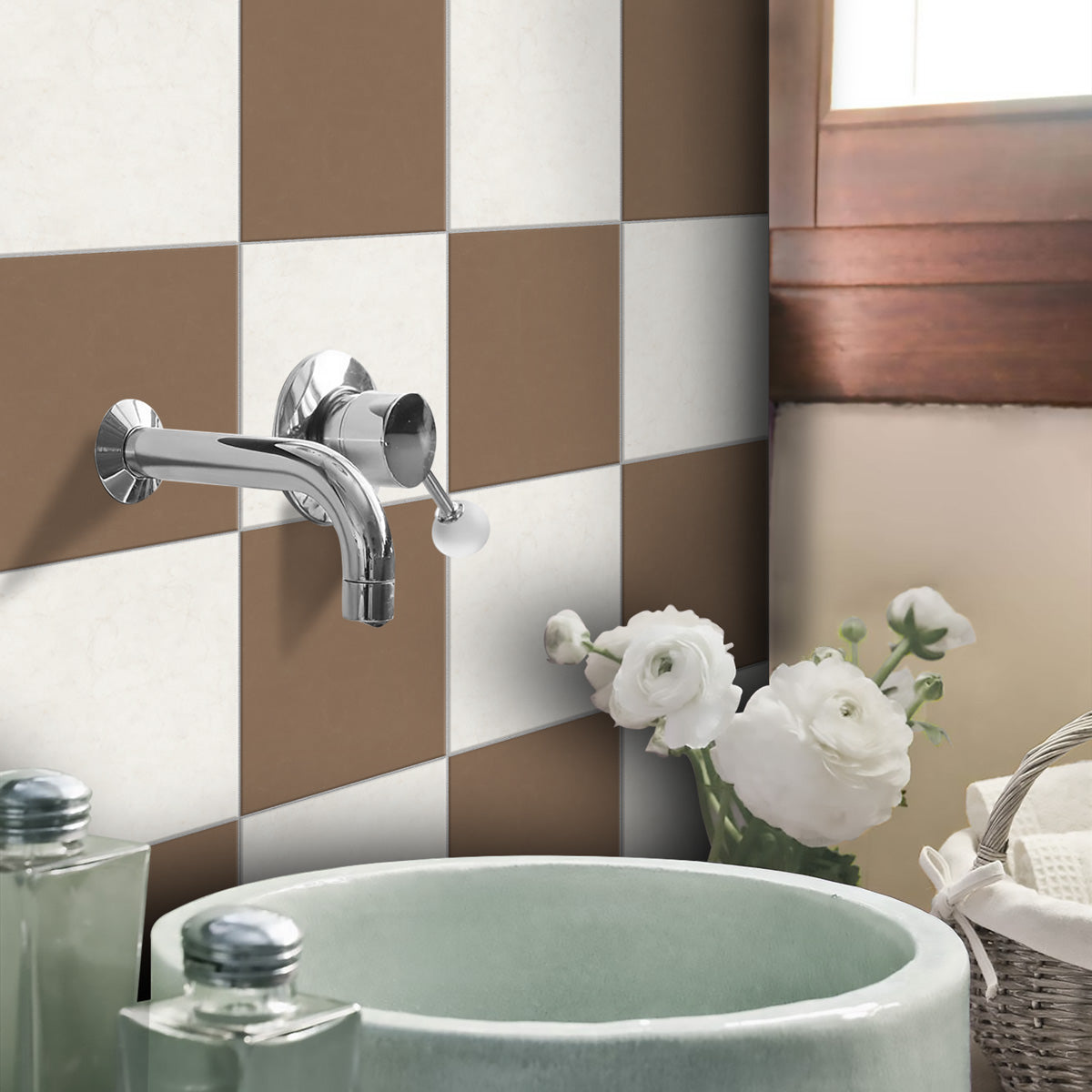 Café Mocha Checker Floor Tile Stickers | Peel and Stick Tile Decals for Kitchen, Bathroom and Wall | Waster Proof | Free Shipping