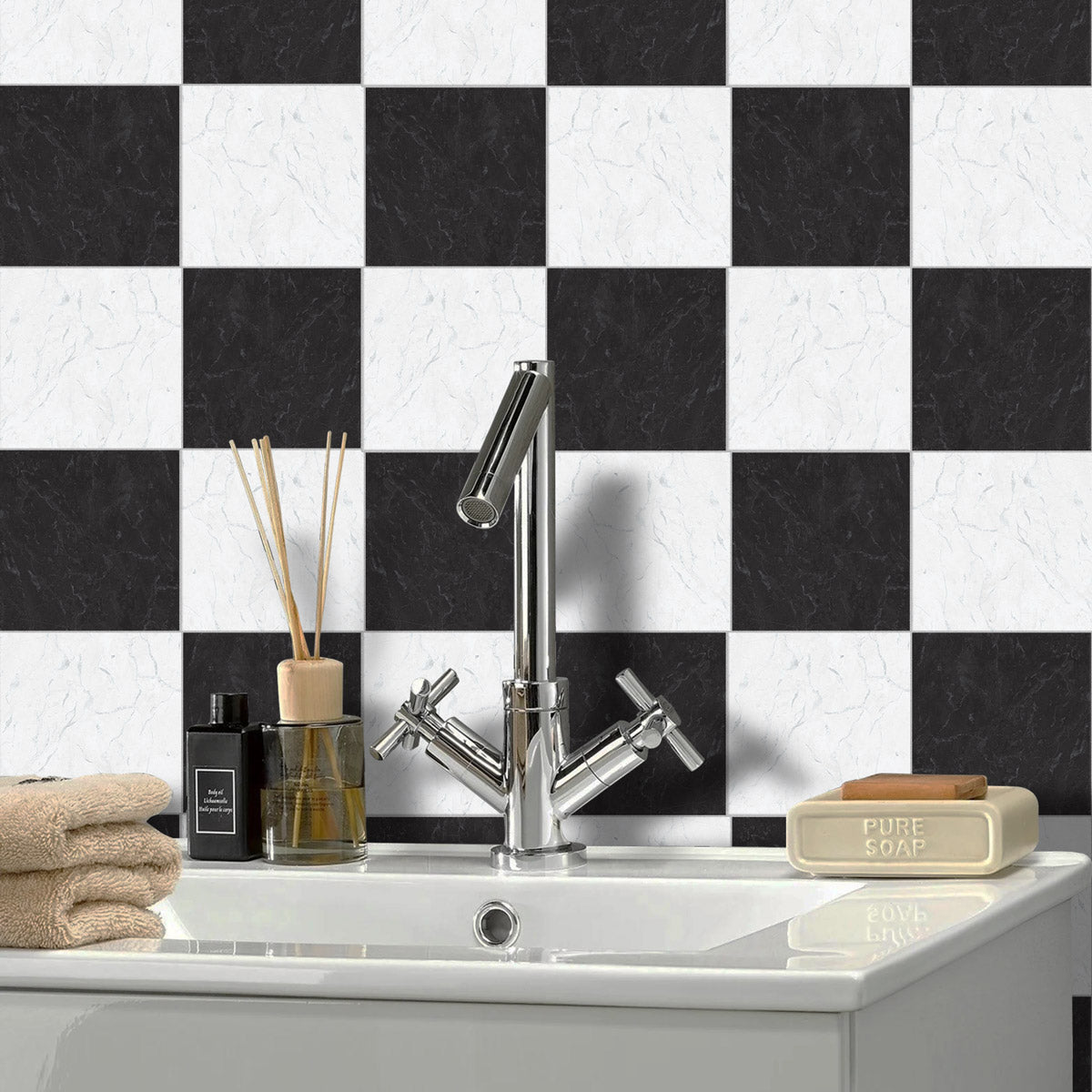 Black and White Checkered Marble Texture Tile Stickers | Antiskid Floor Tile Stickers | Peel and Stick Tile Vinyl | Removable