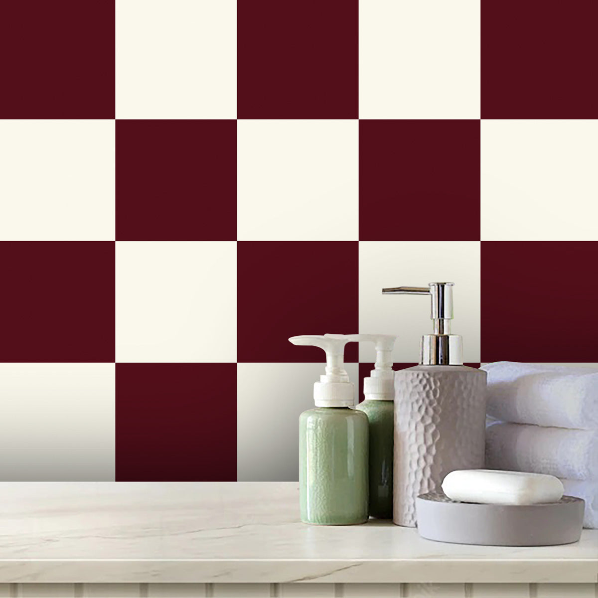 Peel and Stick Burgundy and Ivory Checkered Tile Vinyl | Bathroom Kitchen Backsplash Stickers | Antiskid Floor Tile Stickers