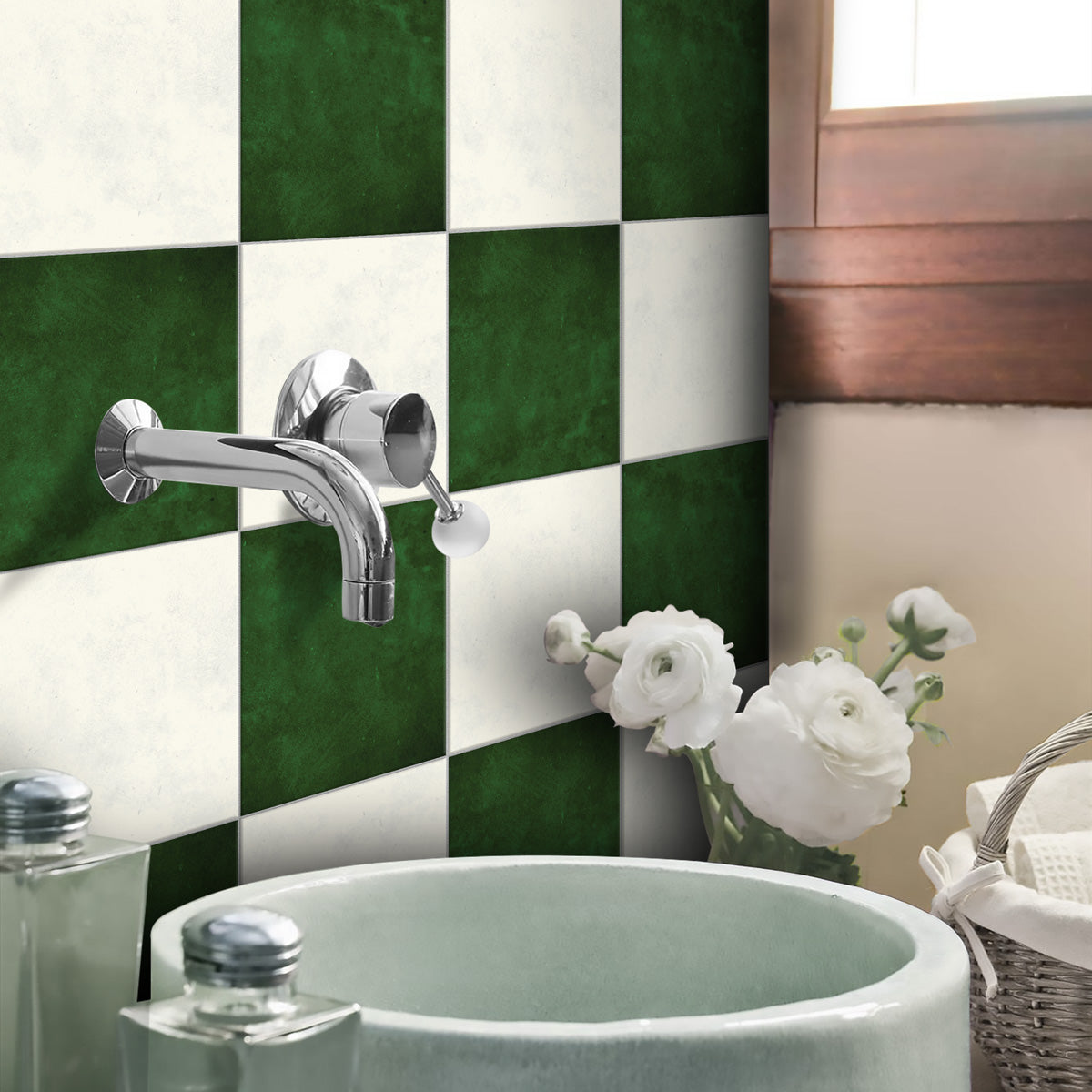 Mose Green and Ivory Checkered Texture Floor Tile Stickers | Peel and Stick Kitchen Bathroom Wall Backsplash Tile Vinyl | Removable