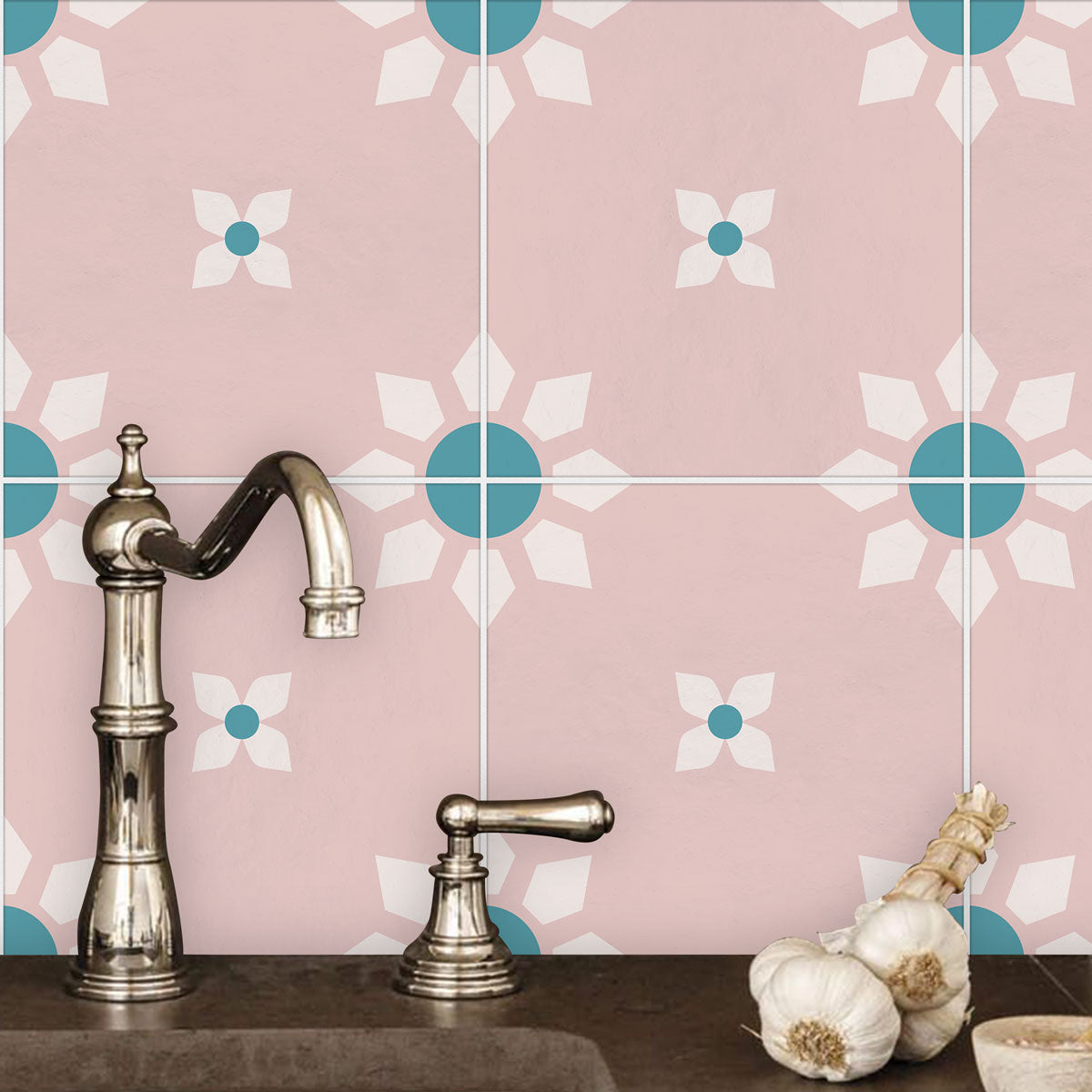 Pink and White Floral Tile Stickers | Peel and Stick Bathroom Kitchen Floor Wall Hand Crafted Tile Vinyl Decals | Removable