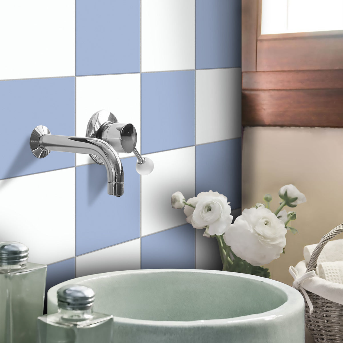 Pastel Blue & Light White Checkered Floor Tile Stickers | Peel and Stick Kitchen, Bathroom, Wall Tile Vinyl Decals| Removable