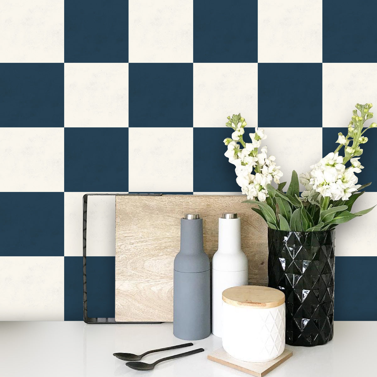 Dark Blue and Cream Texture Tile Stickers | Antiskid Floor Tile Vinyl |Peel and Stick Kitchen Backsplash Bathroom Wall Tile Vinyl