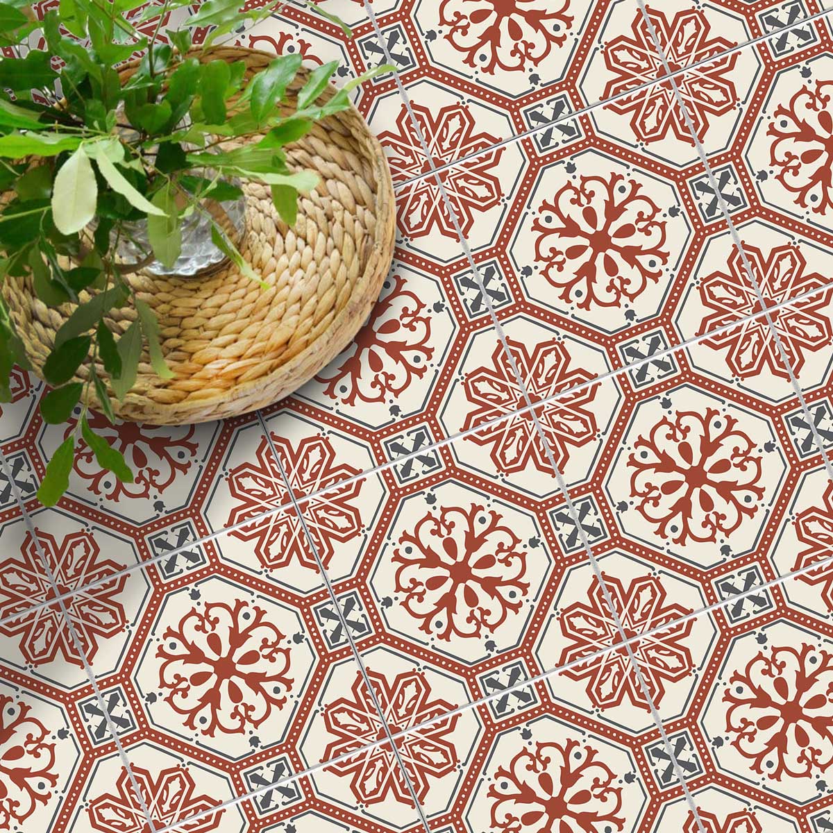 Terracotta Victorian Bloom Peel and Stick Tile Stickers | Kitchen, Bathroom Wall Tile Vinyl Decals | Antiskid Floor Tile Stickers