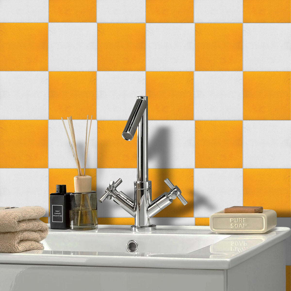 Yellow and Off-White Texture Backsplash Tile Decals | Peel and Stick Kitchen Bathroom Wall and Antiskid Floor Tile Stickers