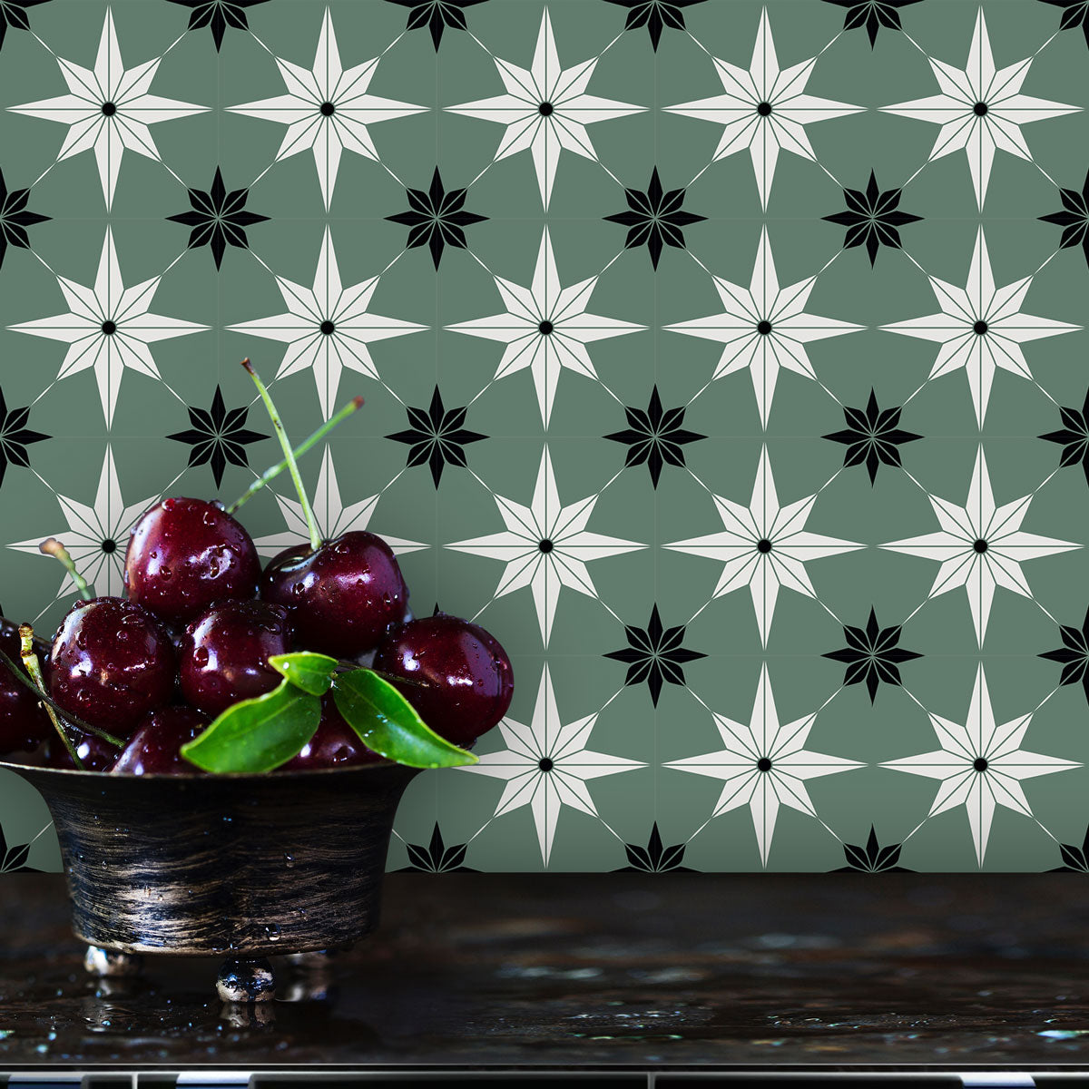 Peel and Stick Green with White Star Tile Stickers | Removable | Antiskid for Bathroom Floor Tile Vinyl Decals | Free Shipping