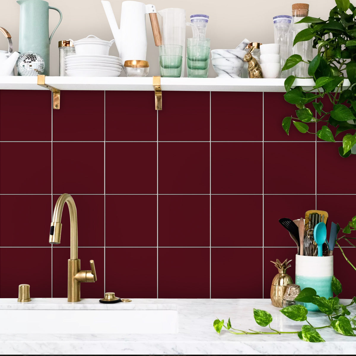 Burgundy Peel and Stick Tile Stickers | Kitchen, Bathroom Wall Hand Crafted Backsplash Tile Decals | Antiskid Floor Tile Stickers