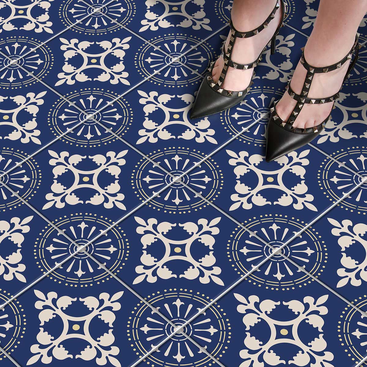Vintage Dark Blue Floor Tile Stickers | Peel and Stick Backsplash Tile Vinyl Decals for Kitchen, Bathroom & Wall | Removable