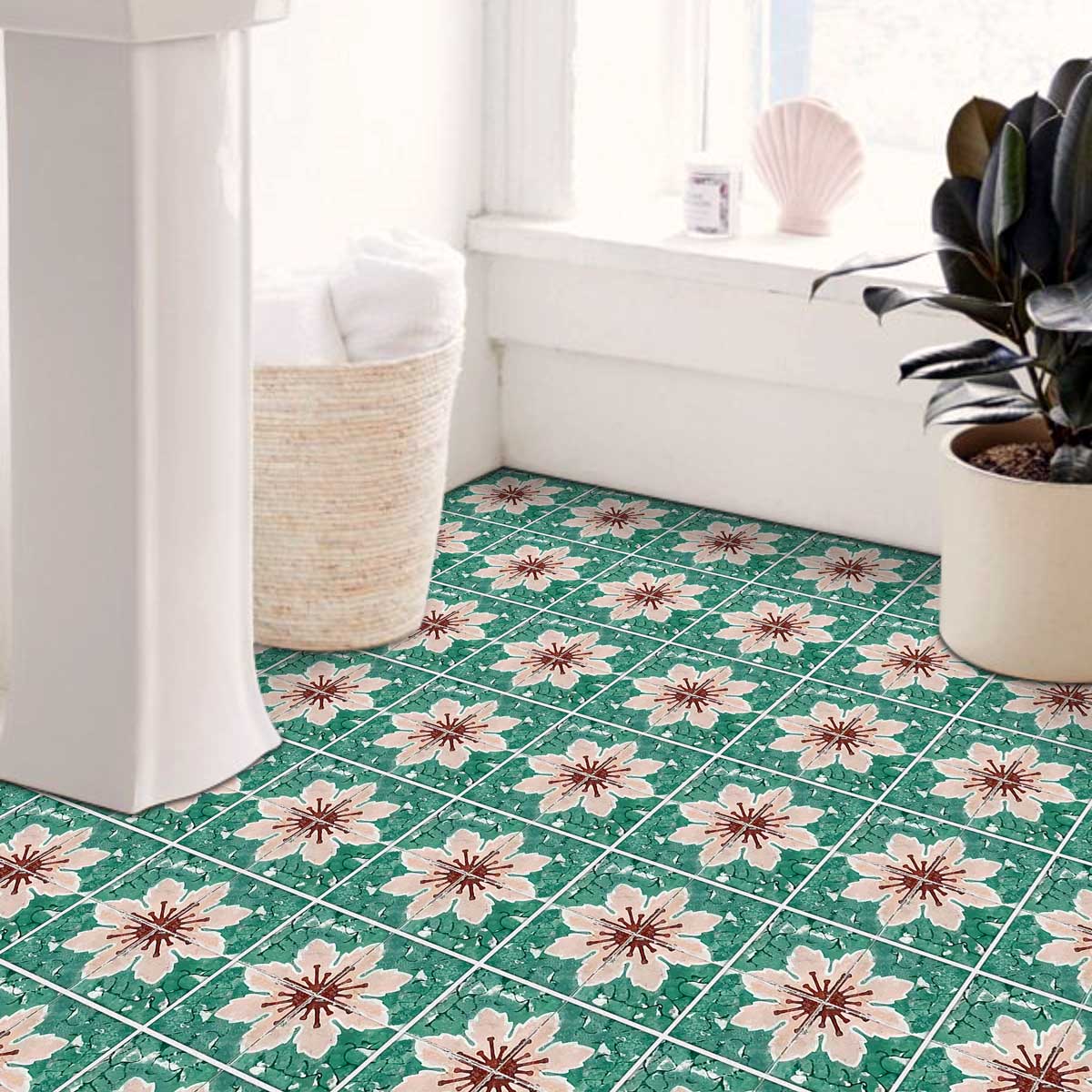 Pink & Old Floral Tile Stickers | Peel and Stick Bathroom Kitchen Floor Wall Backsplash Tile Stickers | Easy to Apply | Removable