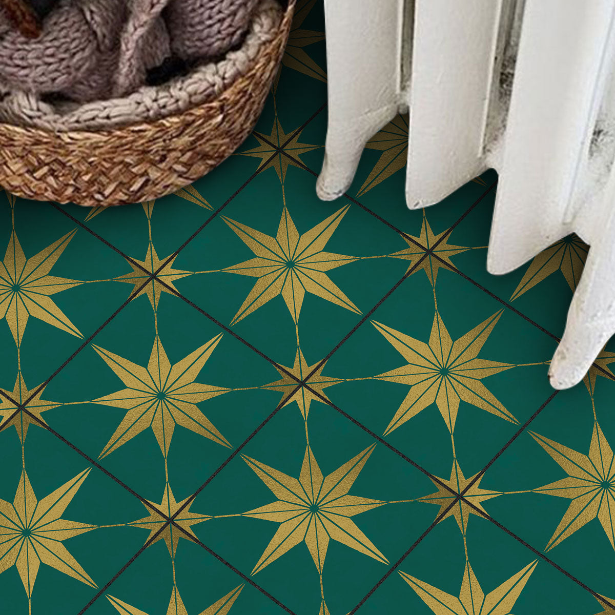 Peel and Stick Green Como Star Tile Stickers | Waterproof, Removable | Antiskid for Bathroom Floor Tile Decals | Removable