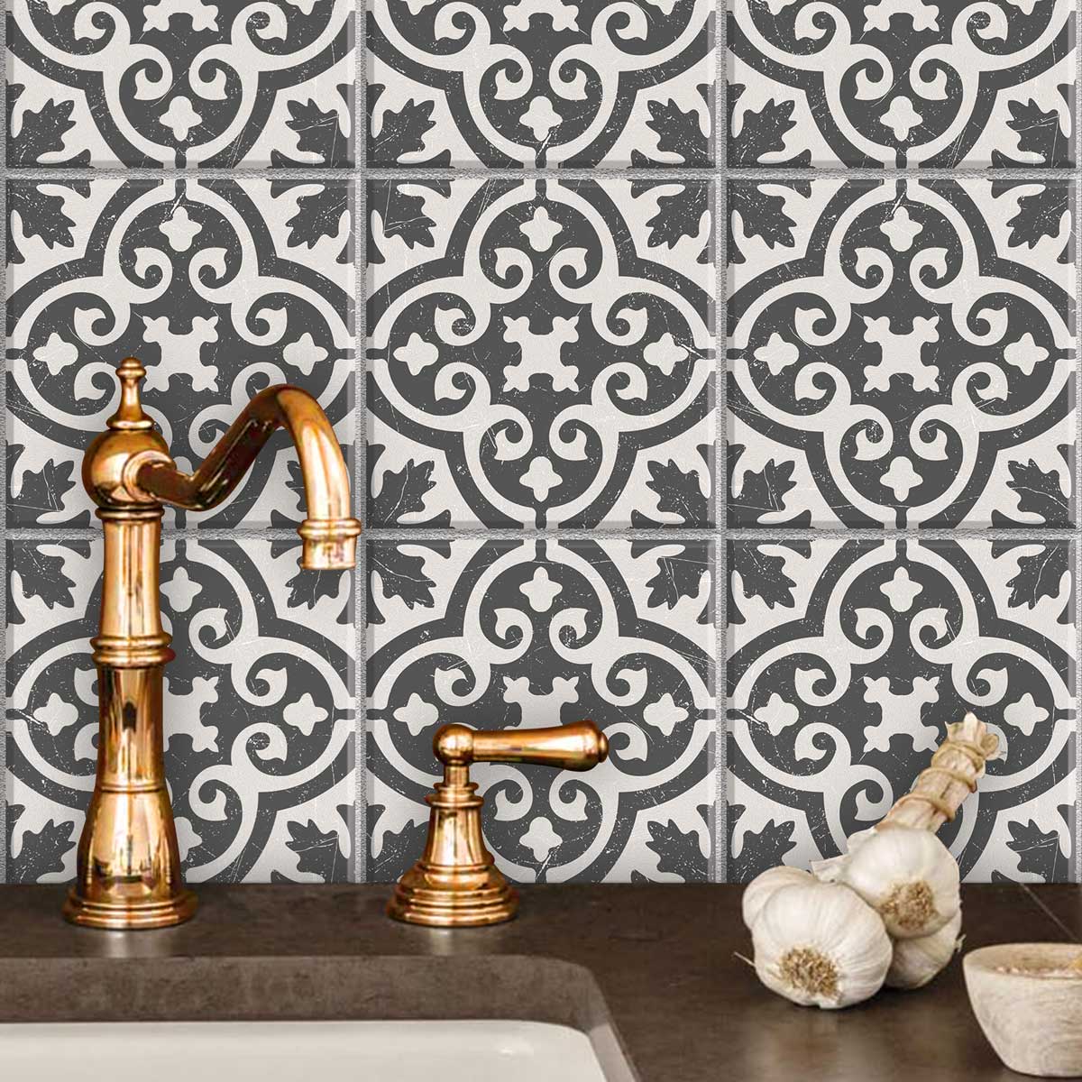 Elegance Vintage Floral Tile Stickers | Antiskid Floor Tile Vinyl | Peel and Stick Kitchen Bathroom Wall Tile Vinyl Decals