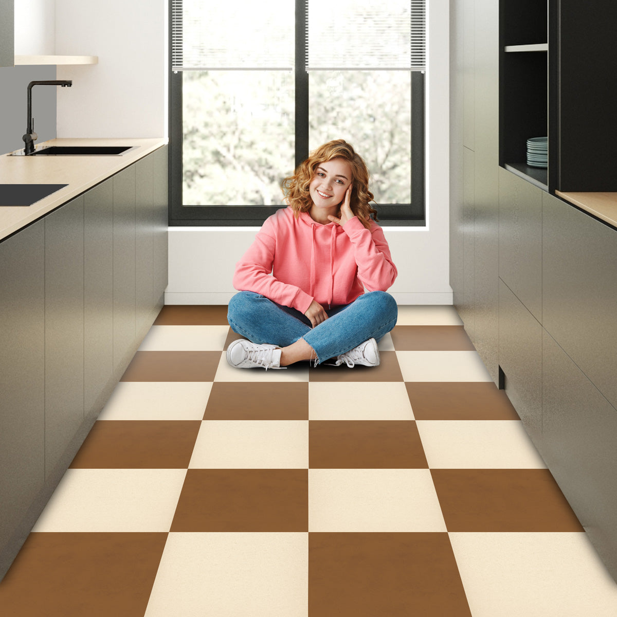 Checkered Autumn and Beige Texture Tile Stickers | Peel and Stick Backsplash Tile Decals | Antiskid Floor Tile Stickers | Removable