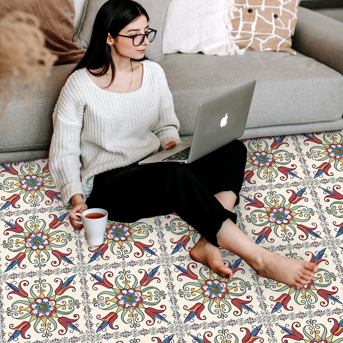 Vintage Flourish Hand Crafted Tile Stickers | Peel and Stick Kitchen Bathroom Wall Tile Vinyl Decals | Antiskid Floor Tile Vinyl