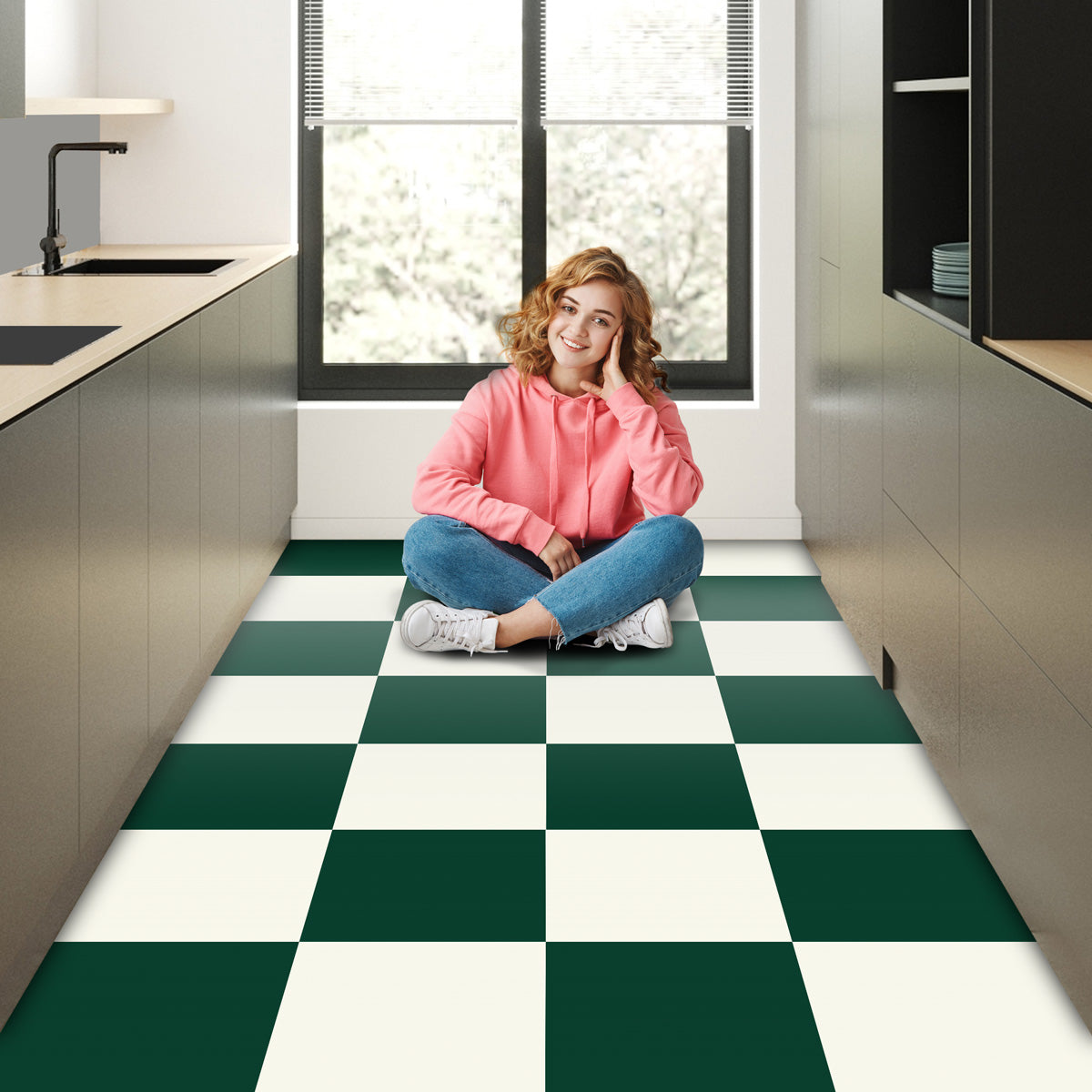 Green and Ivory Tile Stickers | Antiskid Floor Tile Vinyl Decals | Kitchen, Bathroom, Wall Peel and Stick Tile Vinyl Stickers