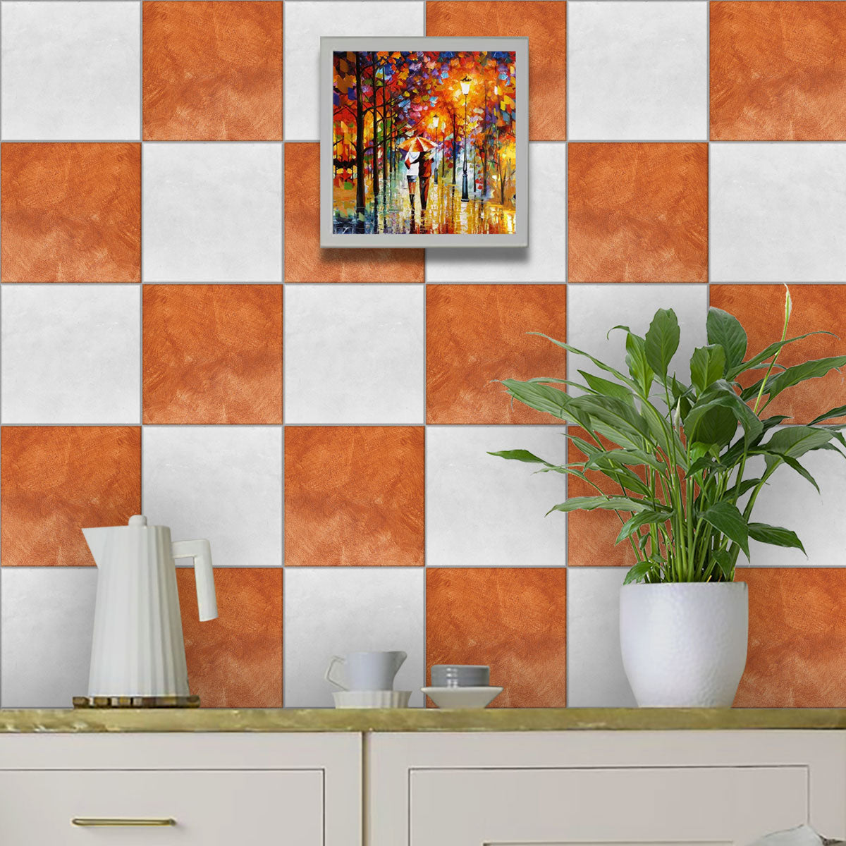 Orange and Light White Checkered Texture Tile Stickers | Peel and Stick Kitchen, Bathroom Wall Floor Tile Vinyl Decals | Removable