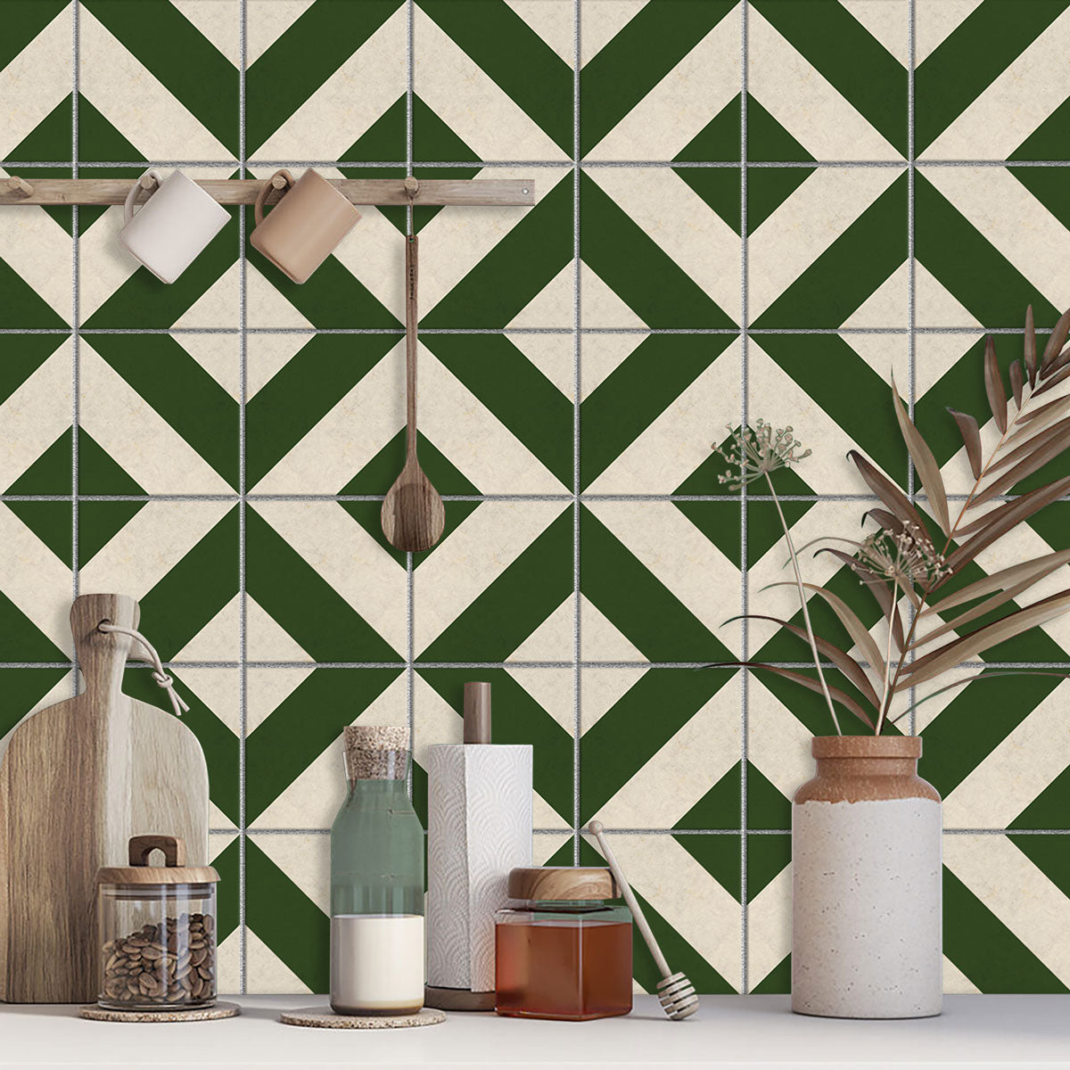 Peel and Stick Heritage Green Tile Stickers | Backsplash Tile Vinyl Decals for Kitchen Bathroom & Wall | Antiskid Floor Tile Stickers