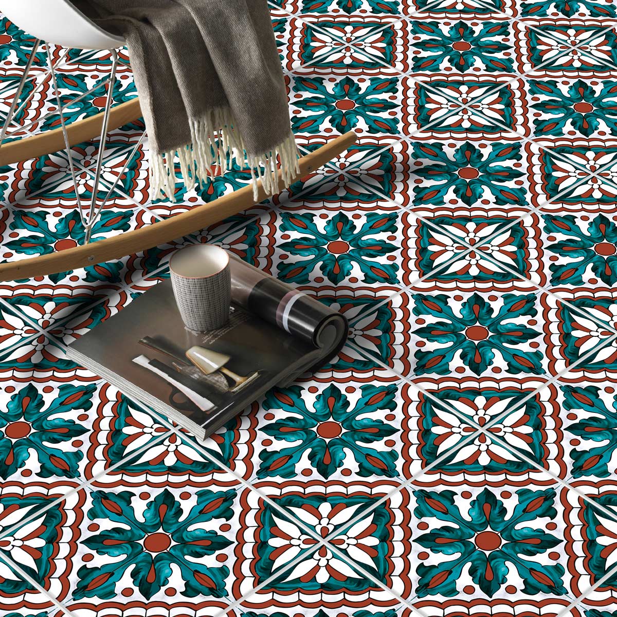 Peel and Stick Tile Moroccan Stickers | Moss Green with Terracotta Design Tile Decals | Kitchen Bathroom Wall Tile Stickers