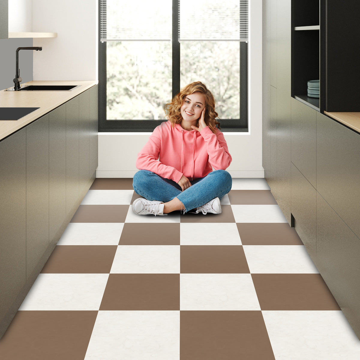 Café Mocha Checker Floor Tile Stickers | Peel and Stick Tile Decals for Kitchen, Bathroom and Wall | Waster Proof | Free Shipping