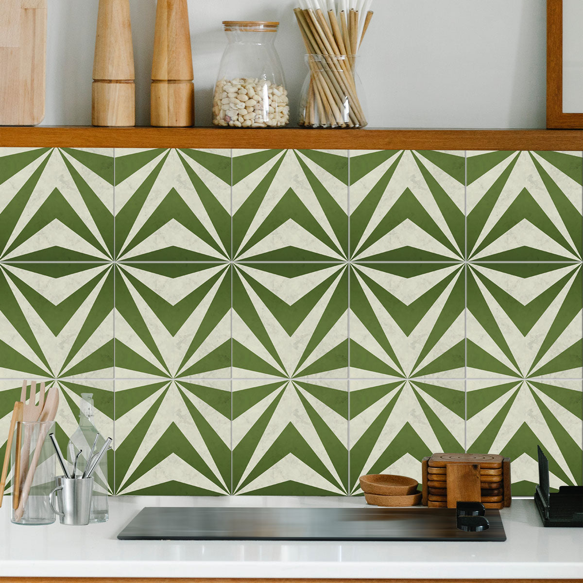 Oblique Moss Green Tile Stickers | Antiskid Floor Tile Vinyl | Peel and Stick Kitchen Bathroom Wall Tile Stickers | Removable