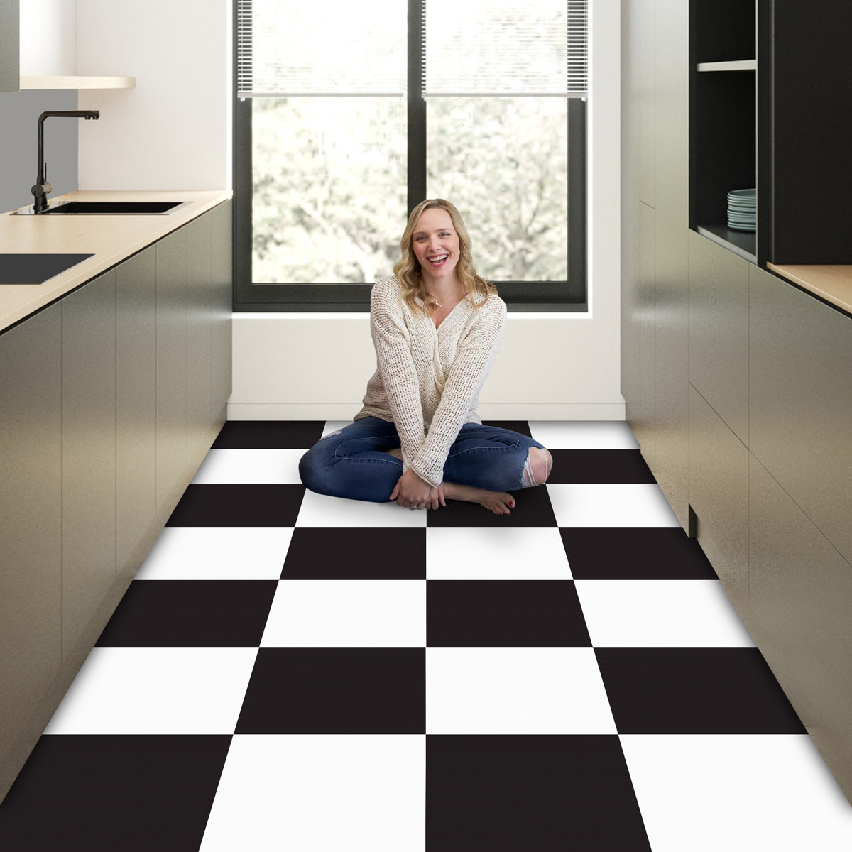 Black and White Checkered Kitchen Floor Tile Decals | Peel and Stick Tile Stickers for Kitchen Bathroom, Wall Tile Stickers