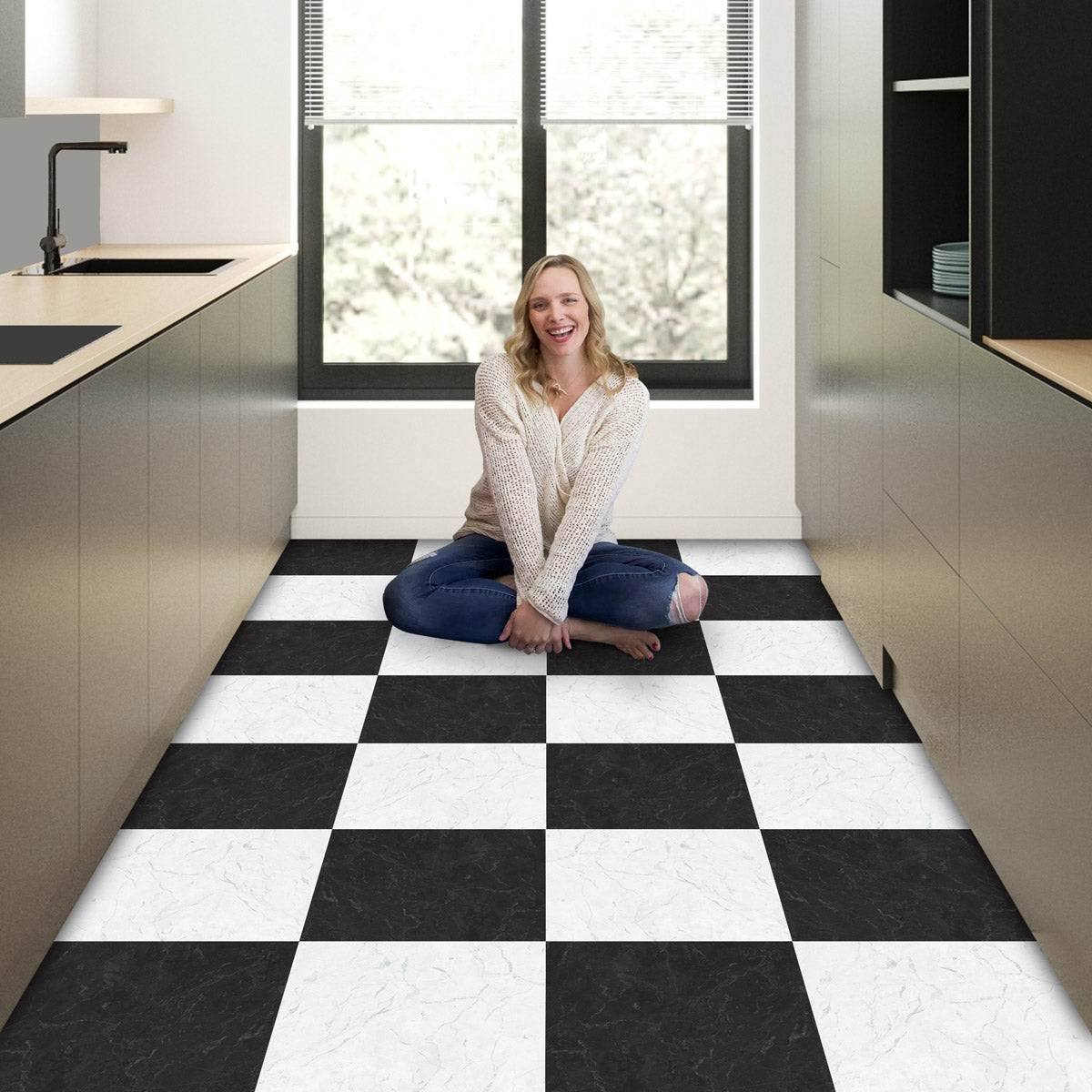 Black and White Checkered Marble Texture Tile Stickers | Antiskid Floor Tile Stickers | Peel and Stick Tile Vinyl | Removable