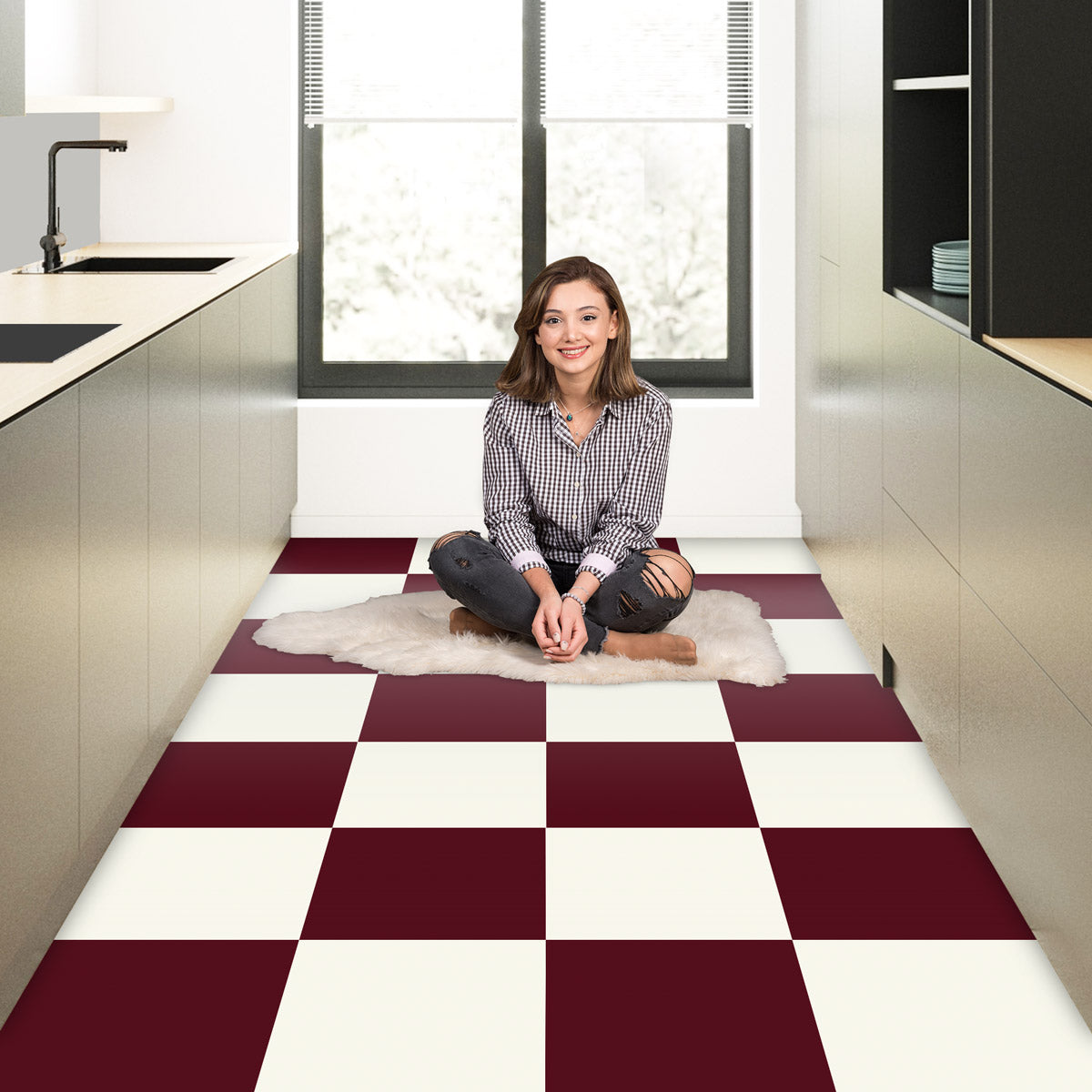 Peel and Stick Burgundy and Ivory Checkered Tile Vinyl | Bathroom Kitchen Backsplash Stickers | Antiskid Floor Tile Stickers