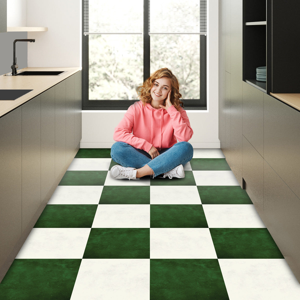 Mose Green and Ivory Checkered Texture Floor Tile Stickers | Peel and Stick Kitchen Bathroom Wall Backsplash Tile Vinyl | Removable