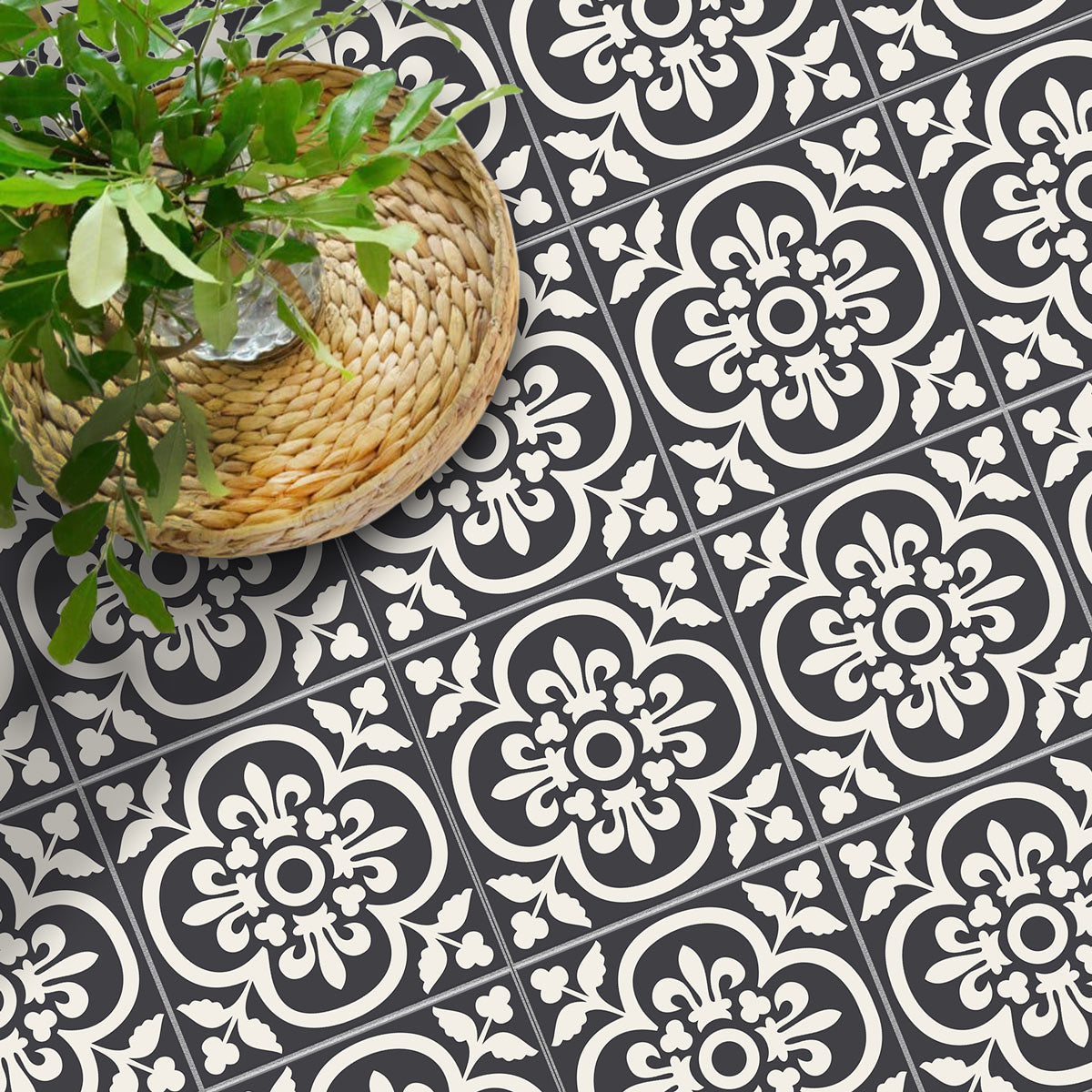 Elegant Damask Floral Floor Tile Stickers | Peel and Stick Tile Decals for Kitchen Bathroom Wall | Antiskid Floor Tile Vinyl