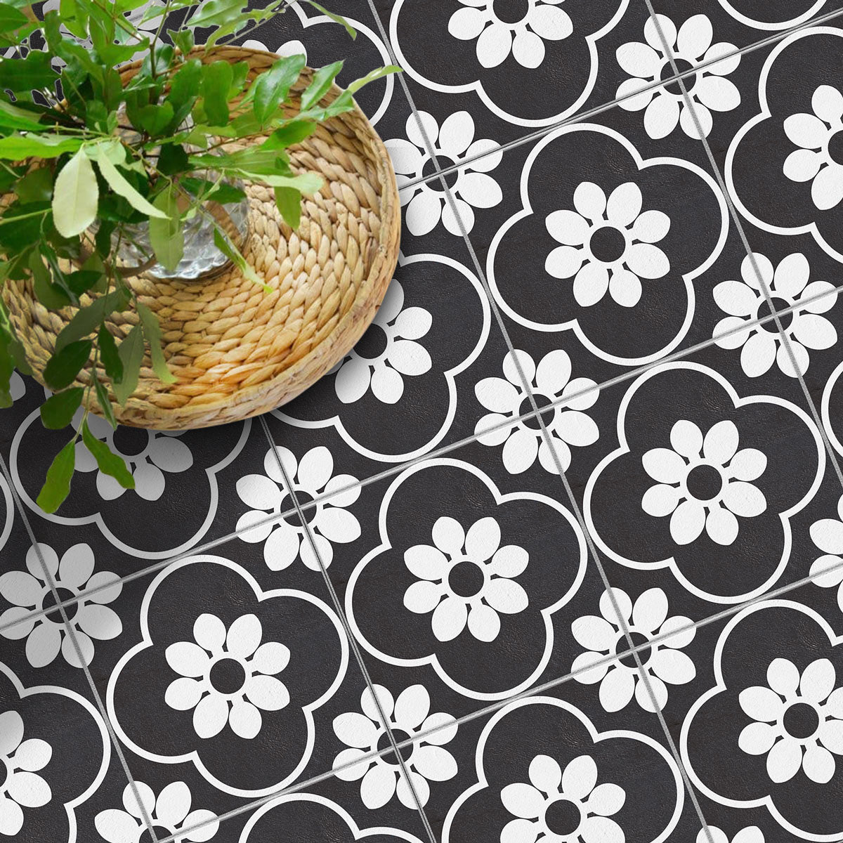 Black and White Floral Marseille Tile Stickers | Peel and Stick Tile Vinyl for Kitchen Floor Wall and Bathroom | Removable