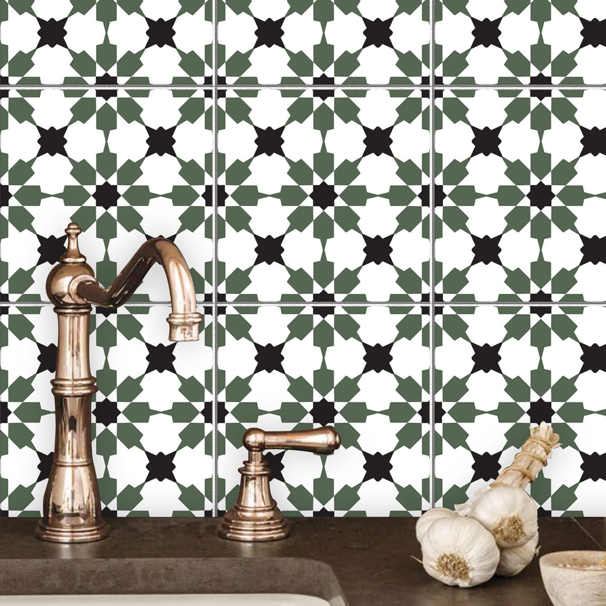 Peel and Stick Moroccan Forest Green Tile Stickers | Kitchen Bathroom Decal, Wall Stair Decal | Removable | Free Shipping