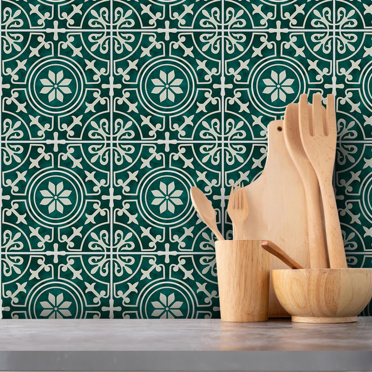 Moss Green Floral Tile Stickers | Bathroom Floor Antiskid Tile Stickers | Peel and Stick Kitchen Wall Backsplash Tile Stickers