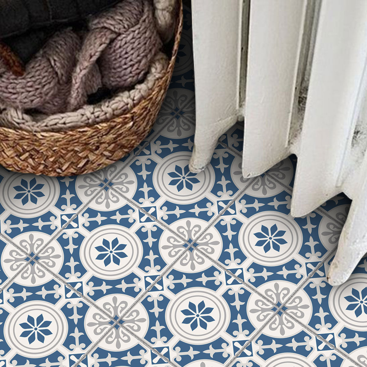 Blue Suede Floral Tile Sticker | Antiskid Bathroom Floor Tile Vinyl | Peel and Stick Kitchen Wall Backsplash Tile Stickers