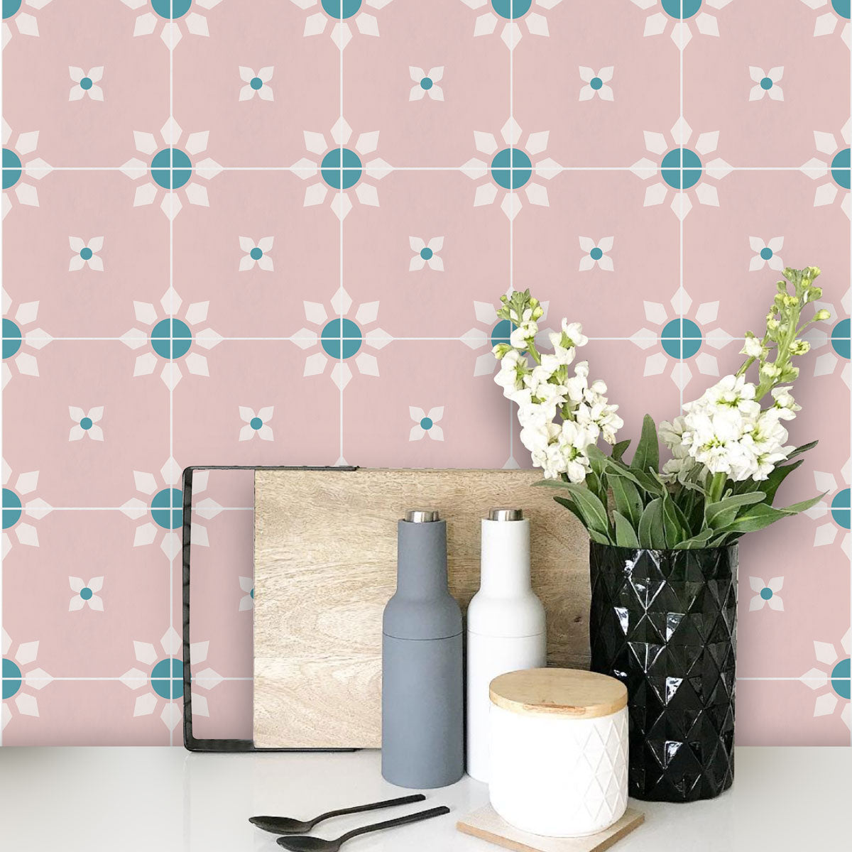 Pink and White Floral Tile Stickers | Peel and Stick Bathroom Kitchen Floor Wall Hand Crafted Tile Vinyl Decals | Removable
